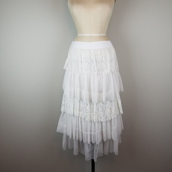 Vintage Style Tiered White Midi Length Lace & Tulle Skirt Ladies size Small - Picture 1 of 5